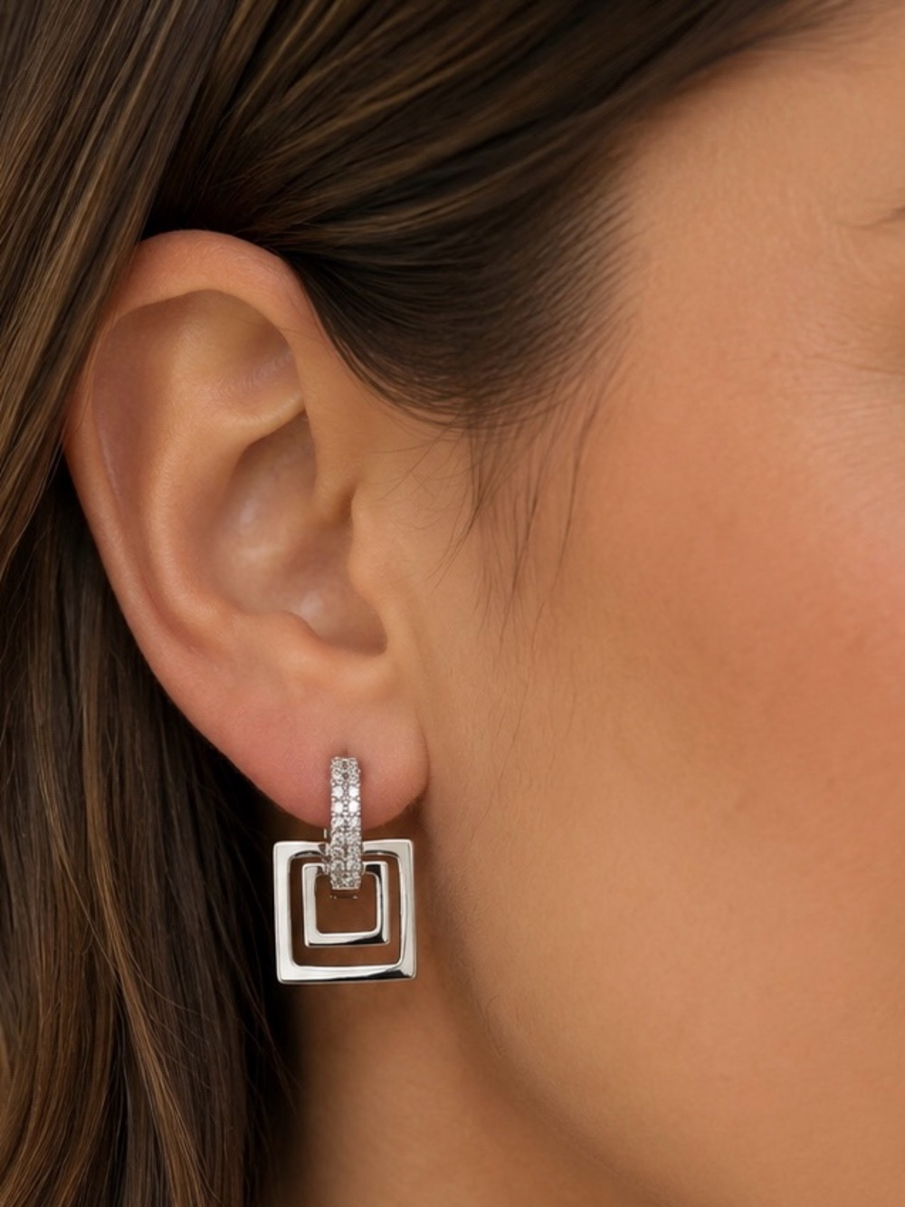 ✅🌹18k white Gold filled Geometric Square Drop Earrings.